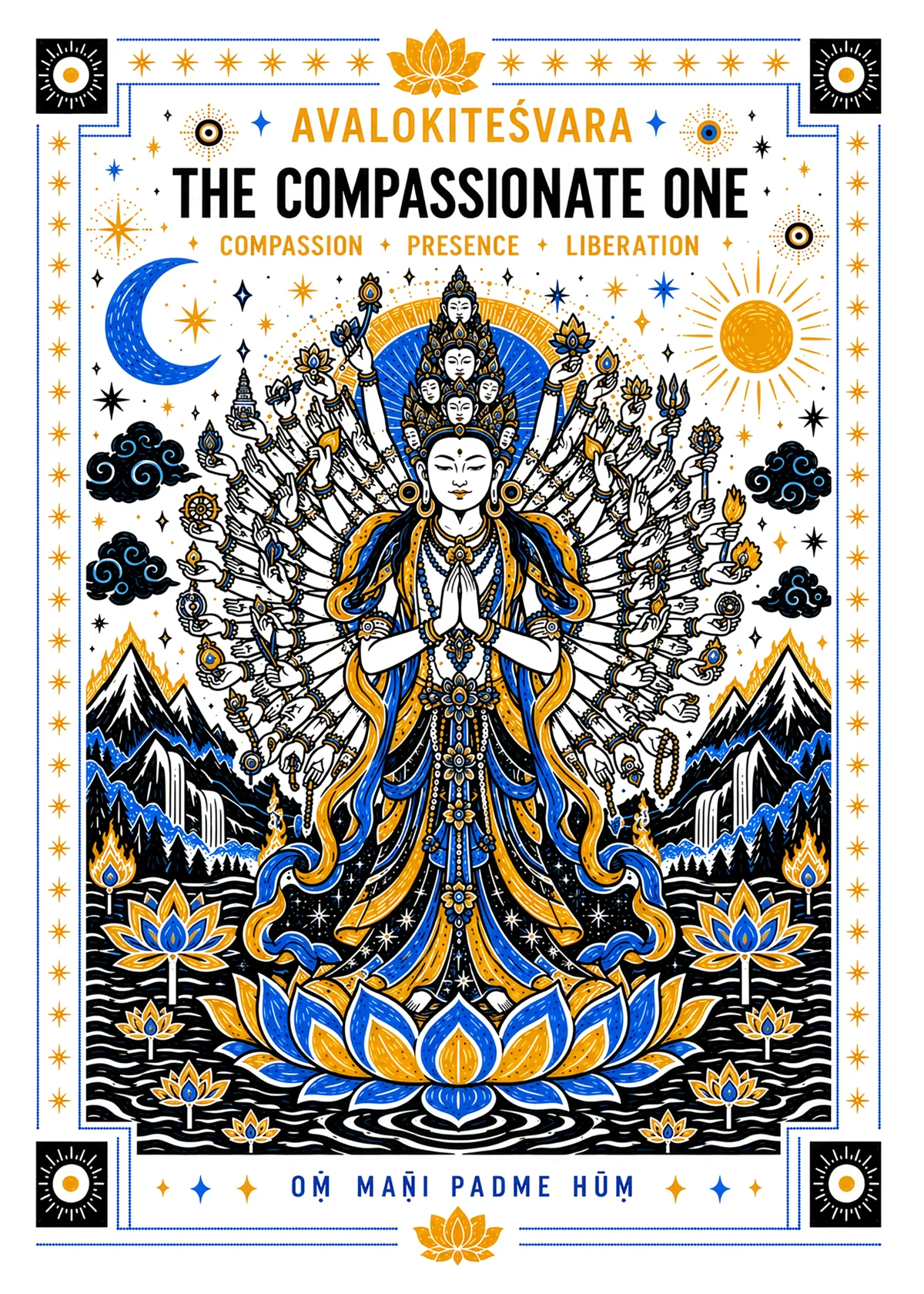 Avalokitesvara art print in cobalt blue and gold