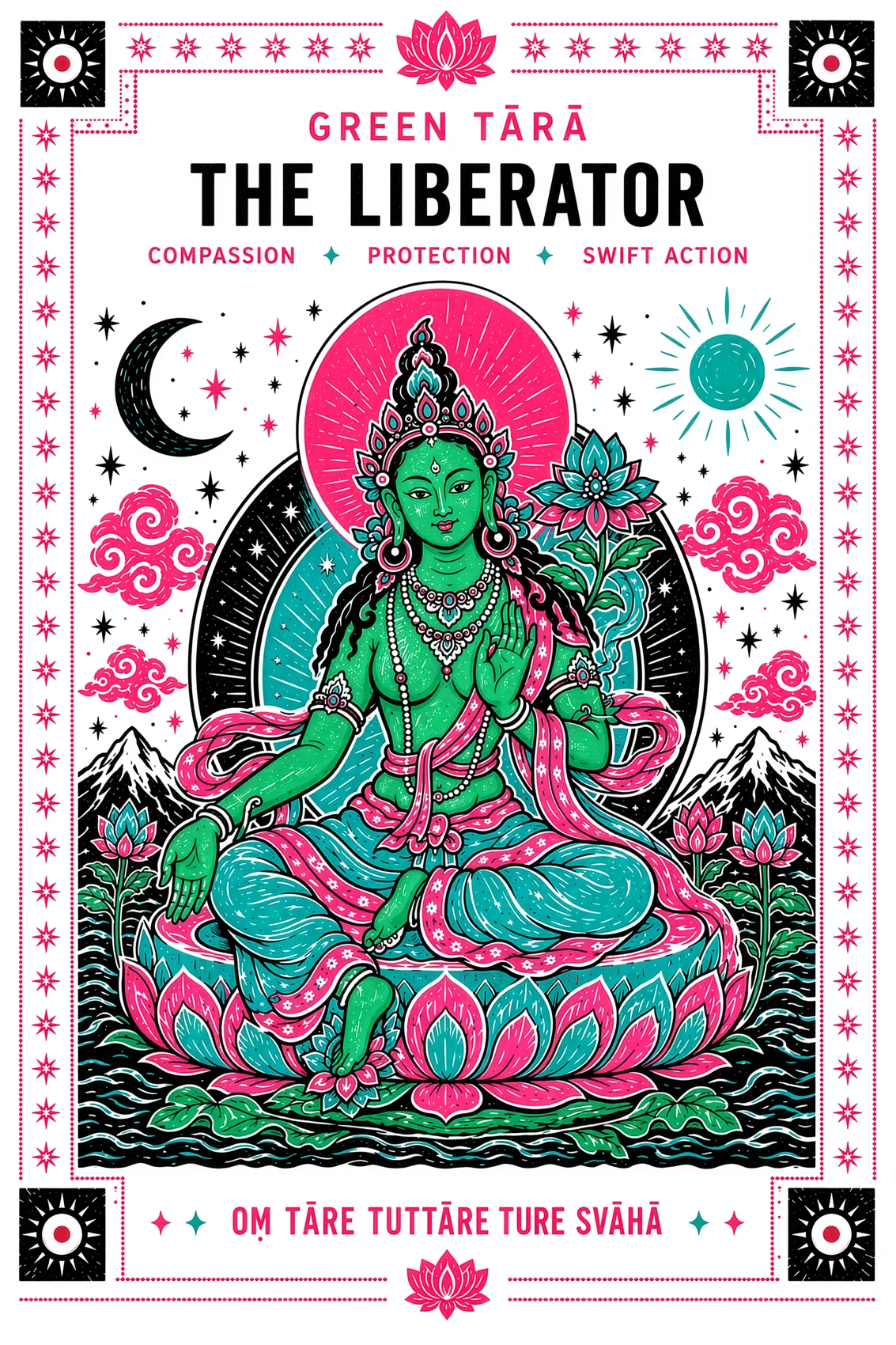 Green Tara art print with bright green, pink and turquoise artwork